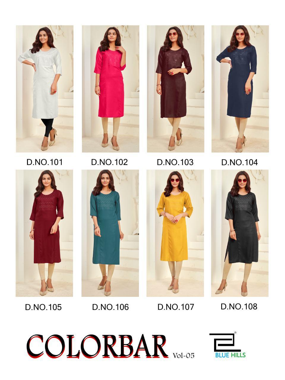 Blue Hills Color Bar 5 Designer Rayon Embroidery Kurti Collection
